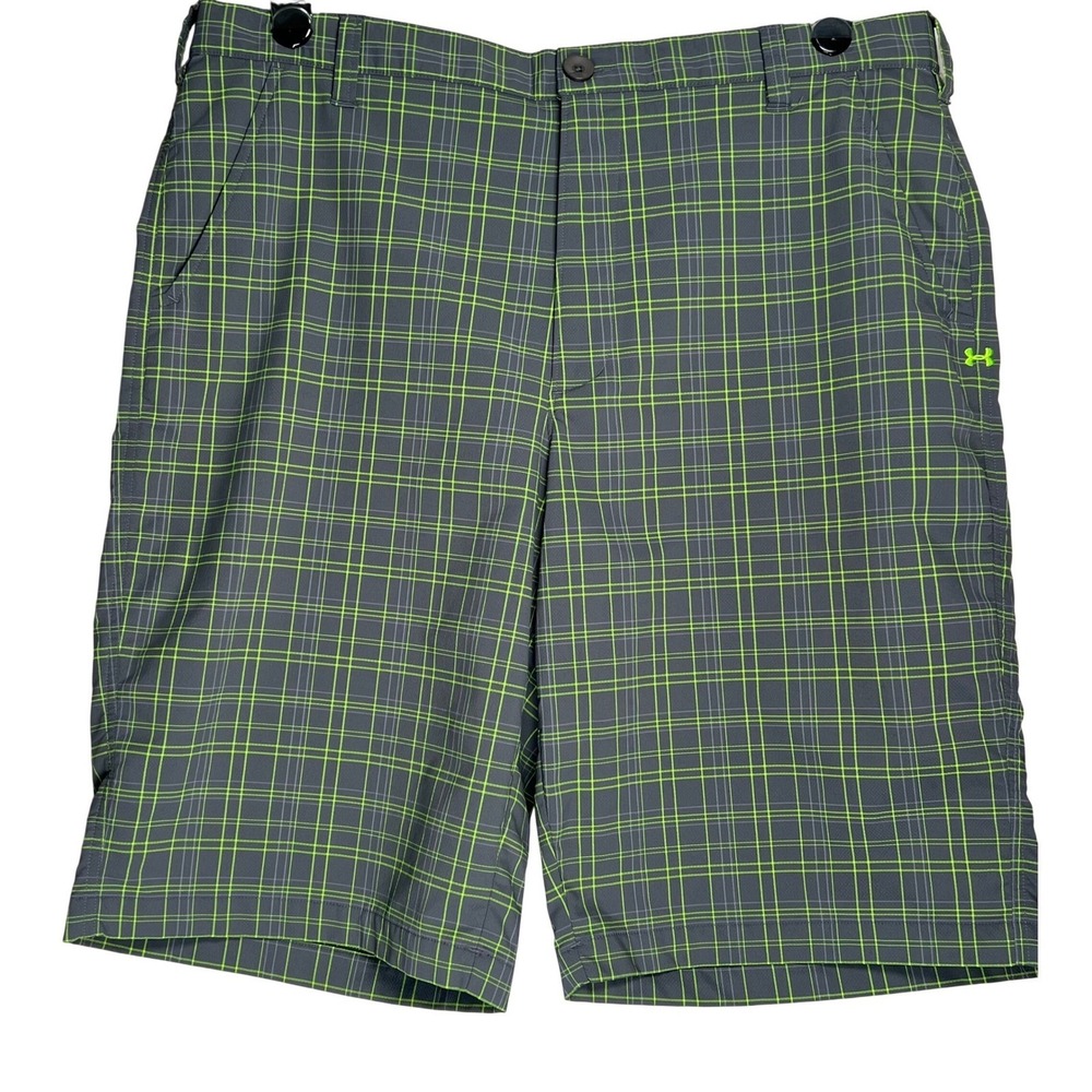 Under Armour Mens Golf Shorts 38 Gray Neon Green Plaid Check Flat Front Stretch